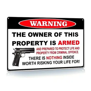Warning Sign, Property Gun Warning Sign, Custom Desktop Plaque, Metal Sign, Protective Sign for Home Indoor or Outdoor Use, Customizable