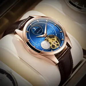 SOLLEN Men's Moon & Starry Sky Concept Design Hollow Automatic Mechanical Watch Waterproof Multifunctional Night Light Moon Phase Function -329