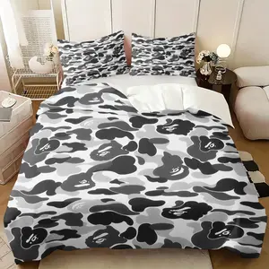 BAPE Monochrome Camo Duvet Cover Set,Includes 1 Duvet Cover and 1-2 Unfilled Pillowcases,Featuring Iconic Ape Head Logos in Black & White Camo,Streetwear-Inspired Bedding Set,Perfect for Bedroom,Dorm & Urban Style Room Decor