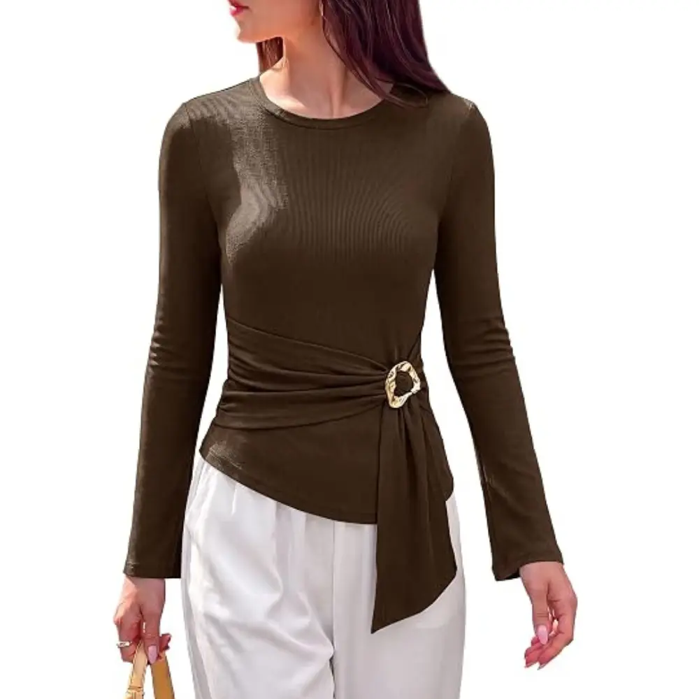 PRETTYGARDEN Long Sleeve Shirts for Women Asymmetricall Tops | Dressy Casual Blouses, Slim Fit Waist Tie Ruched Top, Soft ‌Stretchy, Going Out Work Office Outfit, Fall Fashion Clothes