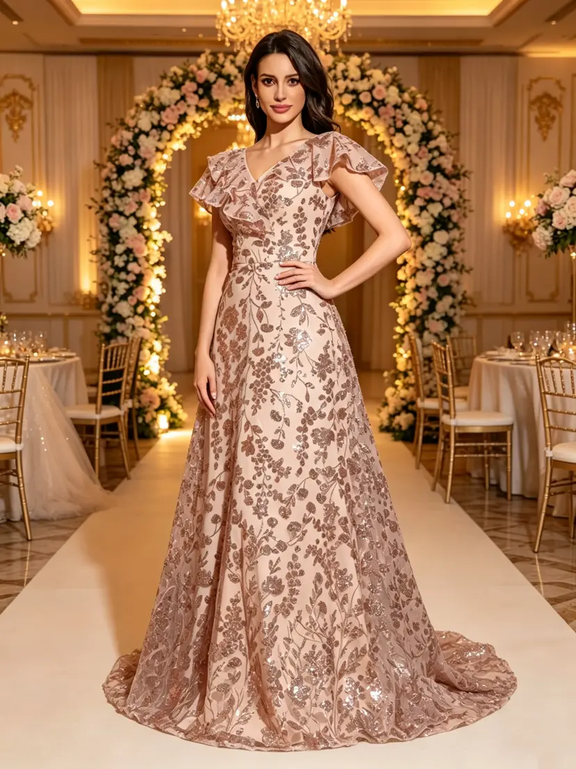 Women's Rose Gold Sparkle Sequins Formal Prom Gown - Romantic V-Neck, Ruffle Flutter Sleeves, A-Line Cut Floor-Length Dress for Banquet, Homecoming (Champagne) Sohochic
