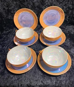 Japanese Lusterware Teacups & Saucers - Blue Peach, Hand Painted - Set of 10 - 1950's