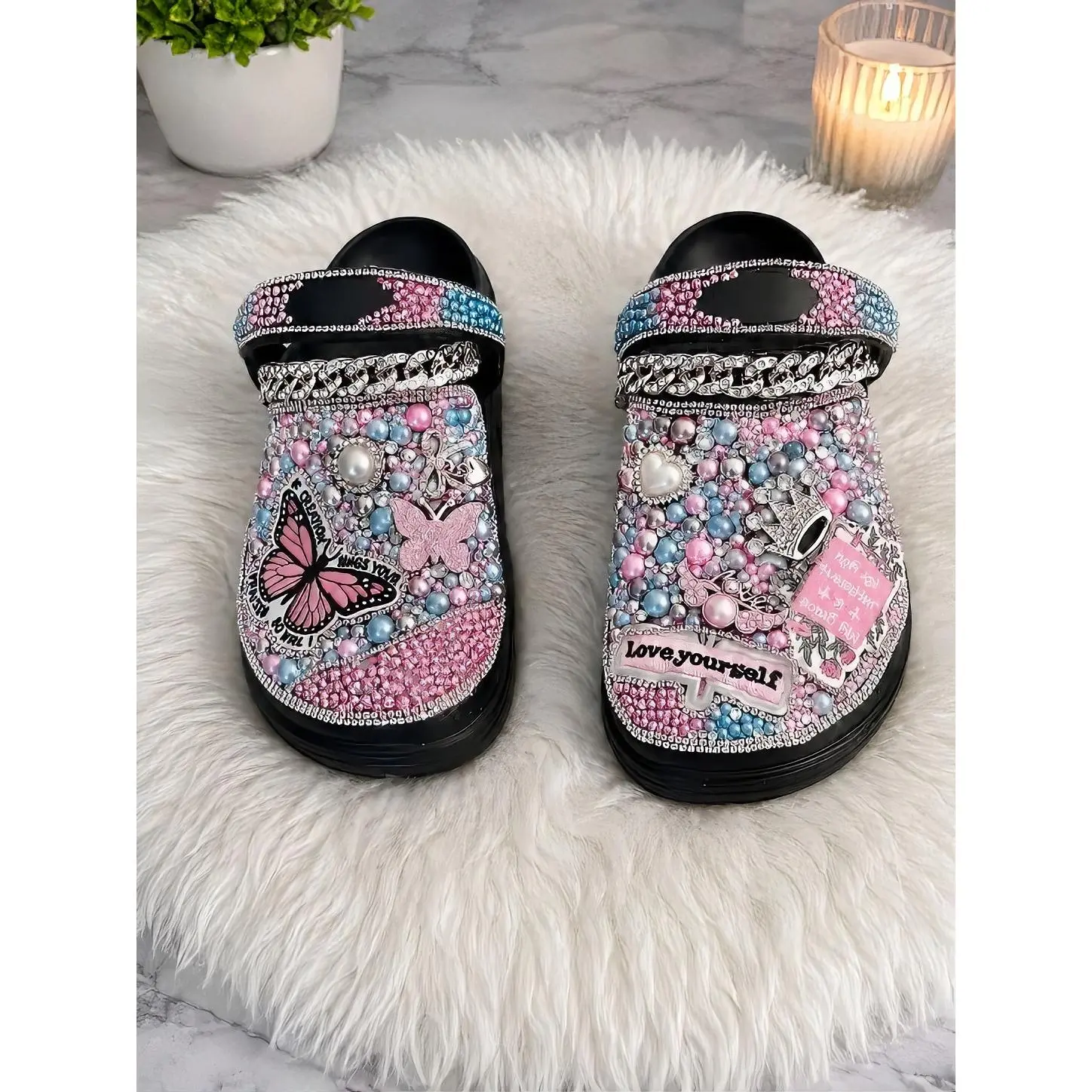 Pink Butterfly Rhinestone Clogs with "Love Yourself" Text and Pearl Accents for Women's Fashion