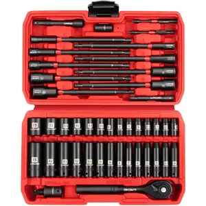 1/4" Drive Socket set & Nut Driver Set 44 count, 1/4-Inch Sockets Deep&Shallow Metric(4-15mm) with Ratchet, 1/4" Hex Shank 6" Long Nut Drivers(6-14mm) for Impact Drill Bits(PH1 PH2)