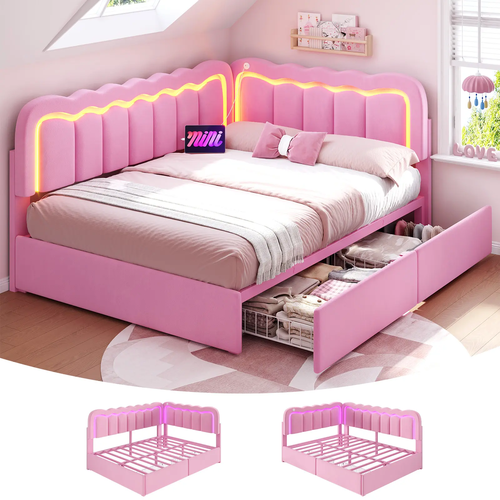 Hasuit Full Size L-Shaped Modern LED Bed Frame with Headboard - Velvet Upholstered Princess Bed, Corner Design, Storage Drawers, Power Outlets, Adjustable Wavy Headboard, Guardrails, RGB Light, Apartment Furniture, Girl Room Accessories