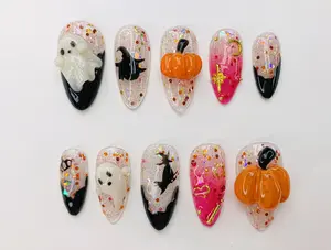 Spooky Halloween Ghost - Pumpkin Press On Nails - 3D Nail Art for Halloween Party - Glitter Press On Nails with Witch - Star Accents