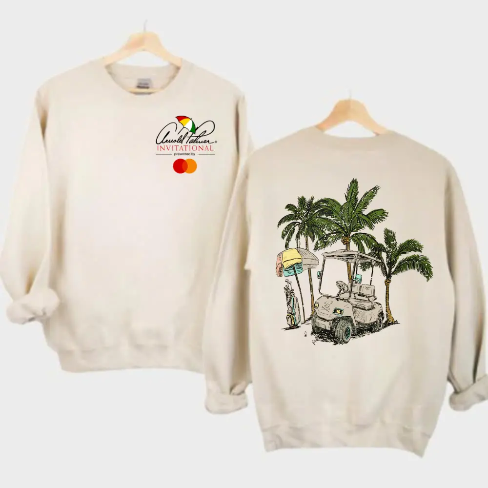 Arnold Palmer Invitational Sweatshirt – Vintage Golf Cart & Palm Tree Graphic, Unisex Crewneck Pullover, Tropical Golf Vibe Shirt, Gift for Golf Lovers