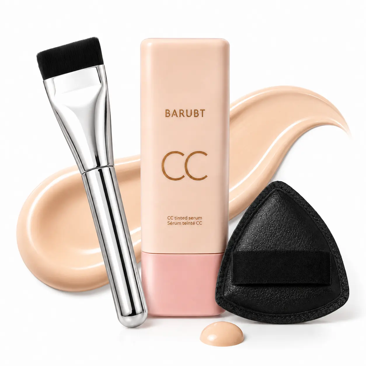 BARUBT CC Tinted Serum Foundation Set with Flat Brush & 3-Layer Puff, Lightweight Hydrating Skin Tint, Natural-Looking Medium Coverage, Easy Blend Everyday Base Makeup Kit