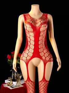 Bright Mesh Bodysuit Set with Thigh-Highs, Open Crotch Transparent Underwear, Elastic Full-Body Pantyhose, Ideal for Bedroom, Role Play, Night Out