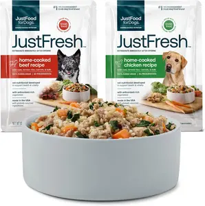 JustFoodForDogs JustFresh Wet Dog Food, Fresh Pet Meals and Toppers with No Preservatives, Resealable Package, Human Grade, Home-Cooked Beef & Chicken, 12 oz - 14 Pack
