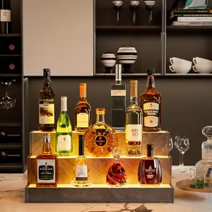 LED Lighted 24 Inch Bar Liquor Bottle Display Shelf, DIY Bottle Shelf with App & Remote Control, 3 Step Holding Bottles for Home Bar, Party Utensils, Wood Stand
