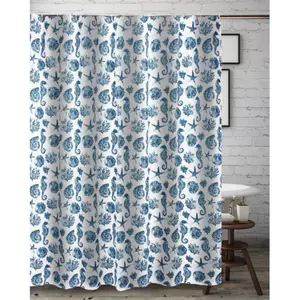 Greenland Home Fashions Pebble Beach Blue Shower Curtain, 72"x72", Coastal Seashell Print, 100% Brushed Microfiber Polyester