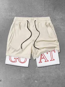 Men's Letter Print 2 in 1 Pocket Shorts, Casual Comfy Breathable Drawstring Waist Shorts for Summer, Men's Bottoms for Daily Wear, Casual Fashion Shorts