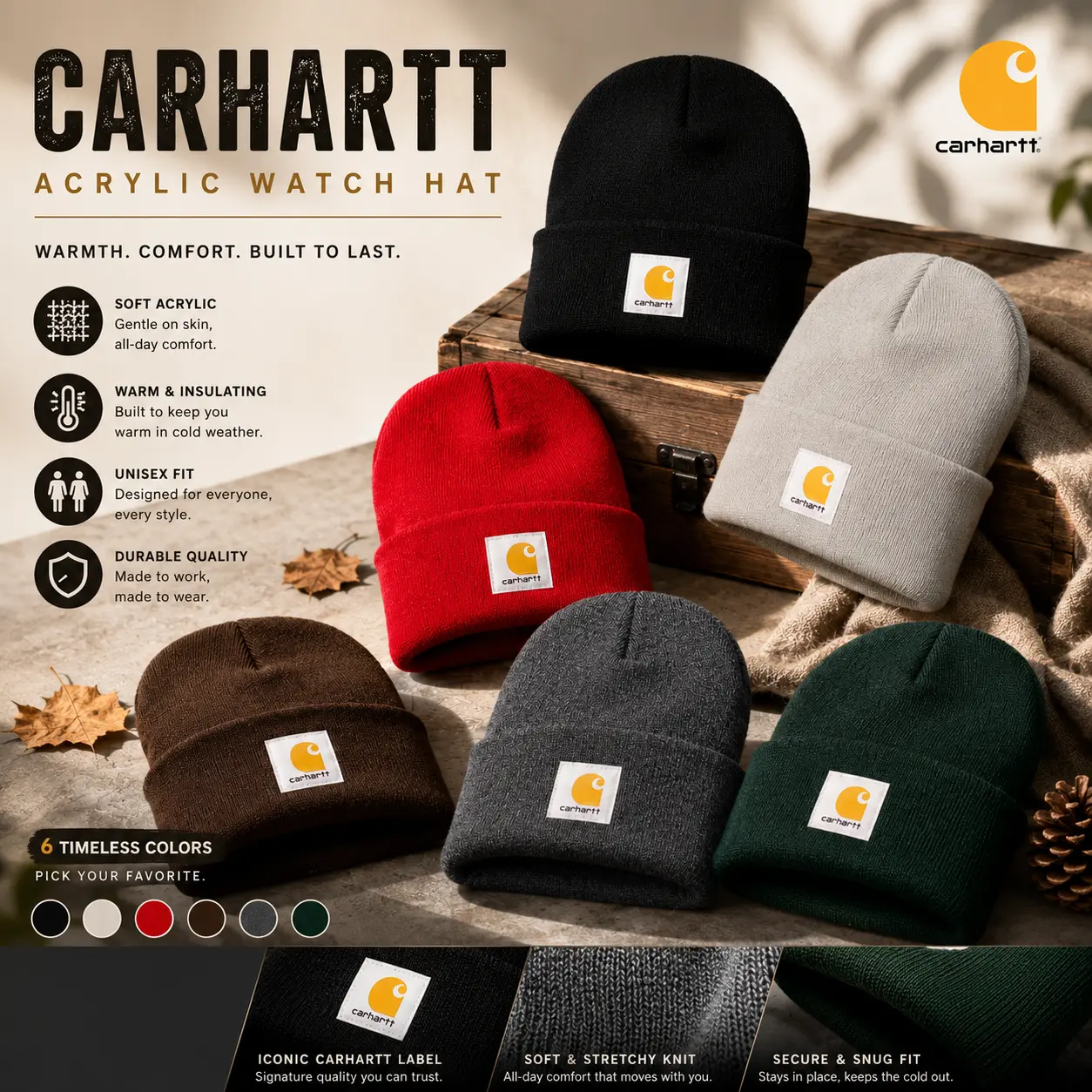 Carhartt Warm Acrylic Beanie Hat for Men Women Classic Watch Cap Stretch Knit Winter Skull Cap Cuffed Outdoor Workwear Cold Weather Casual Streetwear Everyday Wear Soft Comfortable Adult One Size