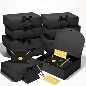 10 Pack Black  Boxes with , Elegant Bridesmaid Proposal Boxes with Cards, Envelopes, Stickers & Pen for Wedding, Groomsmen, Birthday and Mother's Day, 10.6 x 8 x 3.1 Inch