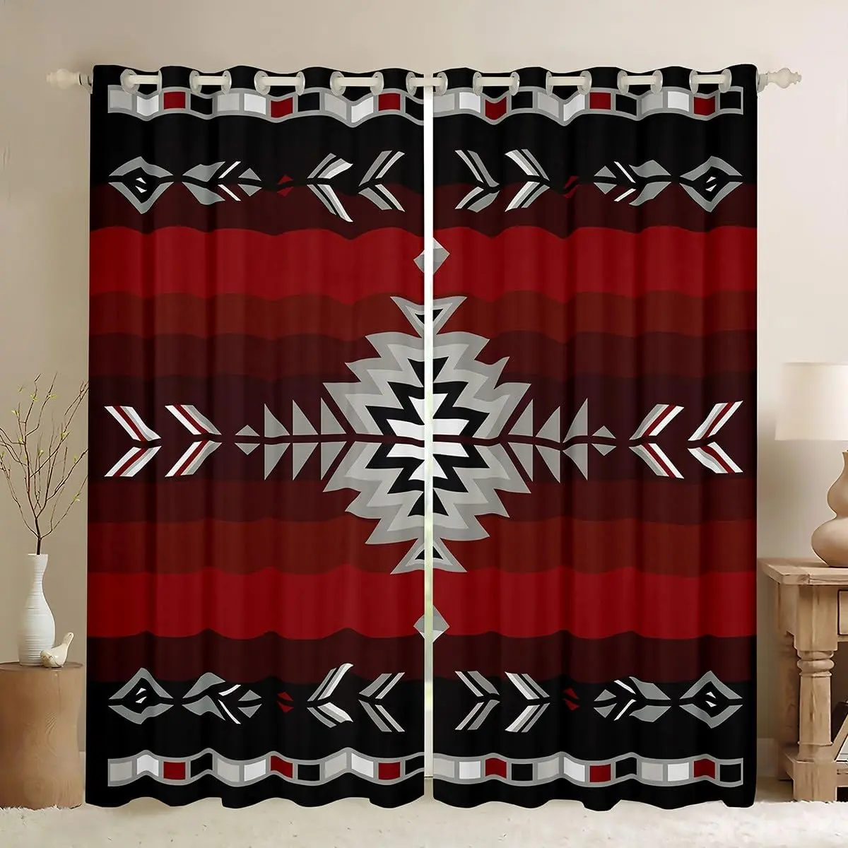 Feelyou Southwest Native Art Style Room Decor Curtains - Tribal Geometric Darkening Blackout Drapes, Personalized Design, Soft Touch, Easy Cleaning, Smooth Sliding, Red Grey Window Treatments for Bedroom, Living Room, Art Style Curtains, Room Decor Curtai