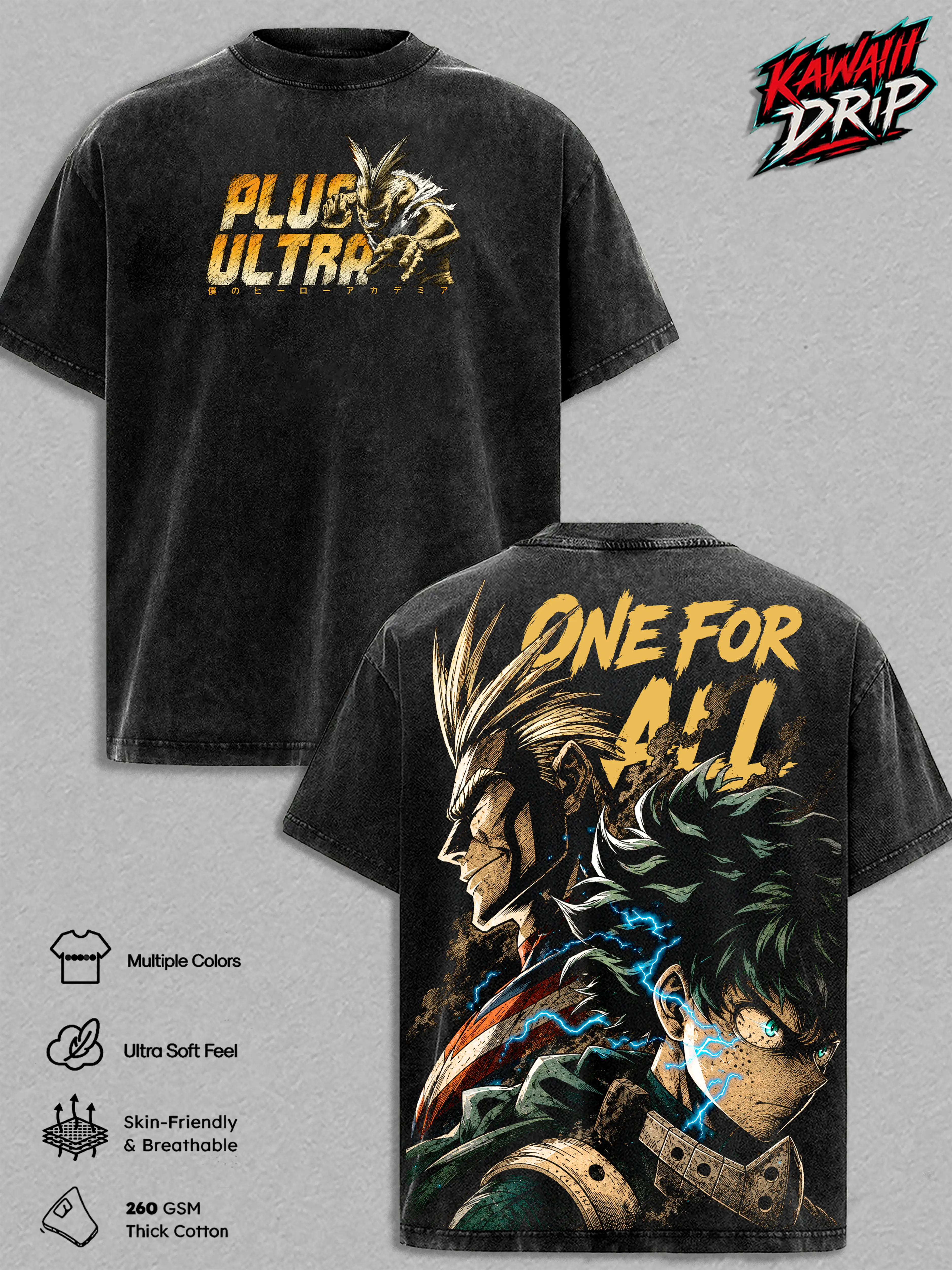 All Might & Deku Vintage Washed T Shirt Anime Graphic Tee MHA Oversized Streetwear Top Cotton Tshirt Classic Menswear Clothes Apparel Gift for My Hero Academia Fans Men & Women