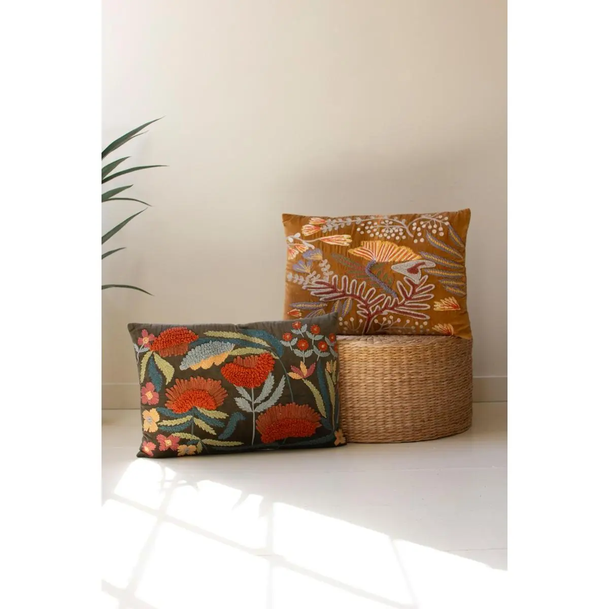 Set Of Two Embroidered Pillows With Flowers - One Each Color