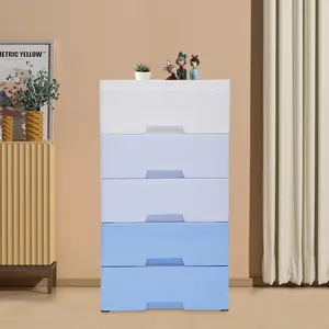 Modern 5-Layer Gradient Blue PP Storage Cabinet with Drawers and Wheels - Perfect for Home & Office Organization