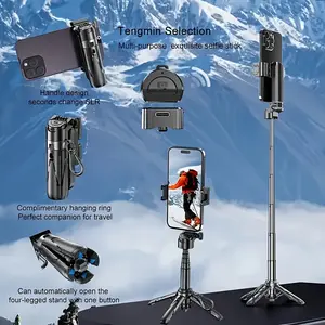 2-in-1 Smartphone Wireless Grip Mount & 16-inch Retractable Selfie Stick with Removable Remote Control, 360 °   Swivel, Cold Shoe Expansion Port, ABS Material, Outdoor Portable Handheld Stabilizer for iPhone/Samsung/Android Phones