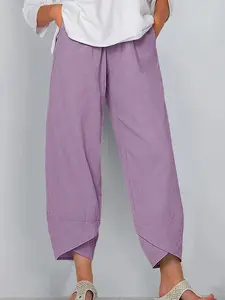 Summer New Pure Color Lantern Pants, Loose Wide Leg Carrot Pants, Casual Art Style Nine-Point Pants, Fitted Natural Waist, Lady Womenswear