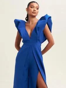 Puff Jumpsuit - Summer Fashionable Blue V-Neck Sleeveless Design with Side Slit for Casual Wear