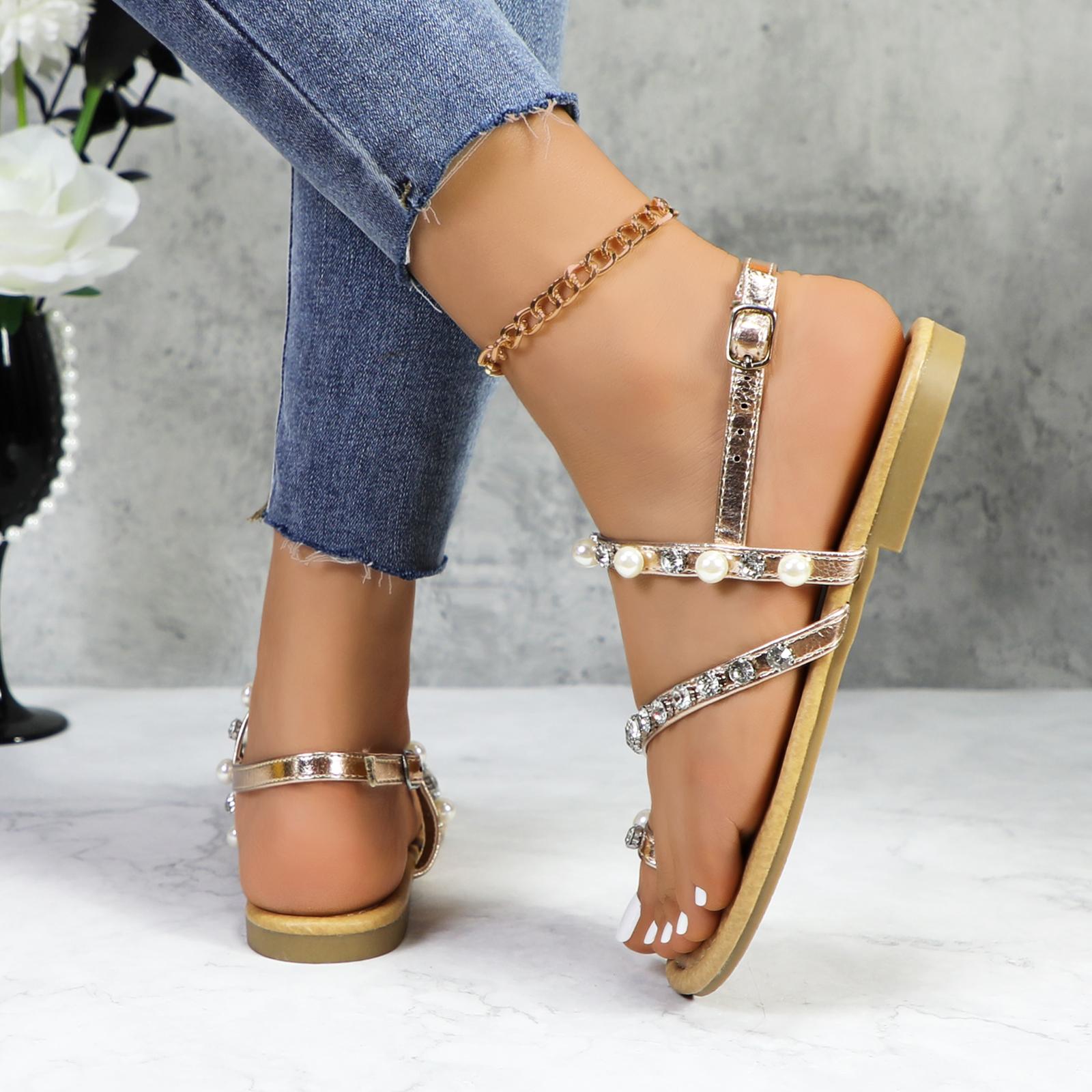 Women Lovely Pearl Strappy Open Toe Flat Sandals Ankle Strap Toe Ring Comfortable Summer Beach Casual Vacation Shoes Women Lovely Pearl Strappy Open Toe Flat Sandals Ankle Strap Toe Ring Comfortable Summer Beach Casual Vacation Shoes