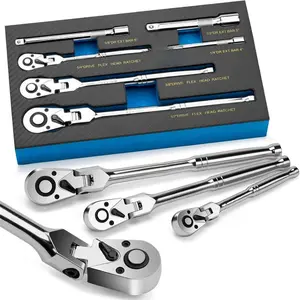 6-Piece Flex Head Ratchet Set, 1/4", 3/8", 1/2" Drive, Swivel Head Ratchet Wrench with Extension Bar, 72 Tooth, 180 °   Adjustable, Quick-Release, Flexible Ratchet Handle with EVA Foam