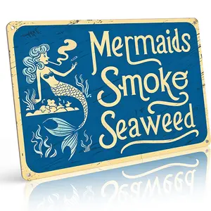 Funny Mermaids Smoke Seaweed Retro Aluminum Metal Sign, 8×12 Inch, Vintage Nautical Blue Wall Art, Waterproof & Rust-Proof, Beach House & Coastal Bar Decor, Ideal Gift for Ocean & Humor Lovers,home decor wall art