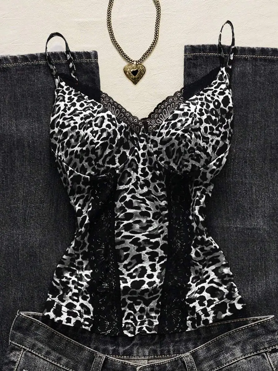 Sexy Lace Patchwork Leopard Print Camisole Top For Summer Vacation