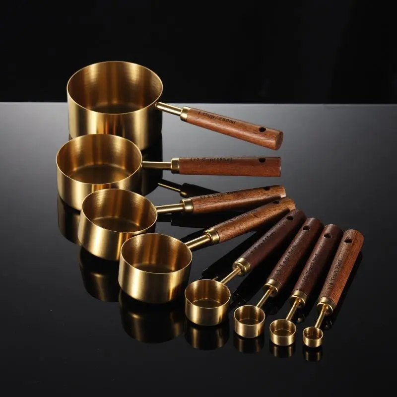 Camp Kitchen Utensils, 8-Piece Gold 430 Stainless Steel Measuring Cups and Spoons Set with Comfortable Handles for Hiking