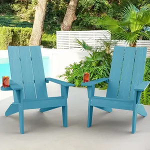 Modern Adirondack Chairs Set of 2, Weather-Resistant Oversize Plastic Adirondack Chairs with Cup Holder, Durable Outdoor Fire Pit Chairs for Patio, Lawn, Garden, Firepit Area Seating, Blue