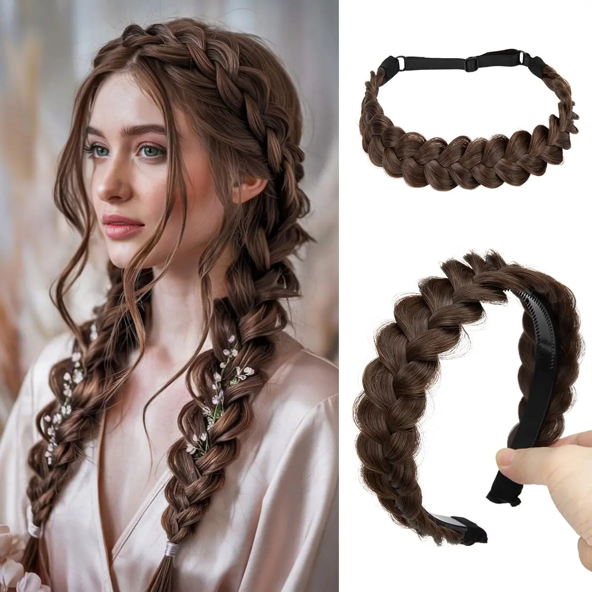 2 pcs Elastic Stretch Headwrap Chunky Synthetic Hair Braid Braided Headband Hairpiece Crimp And Fluffy Braided Headband for Women Girl