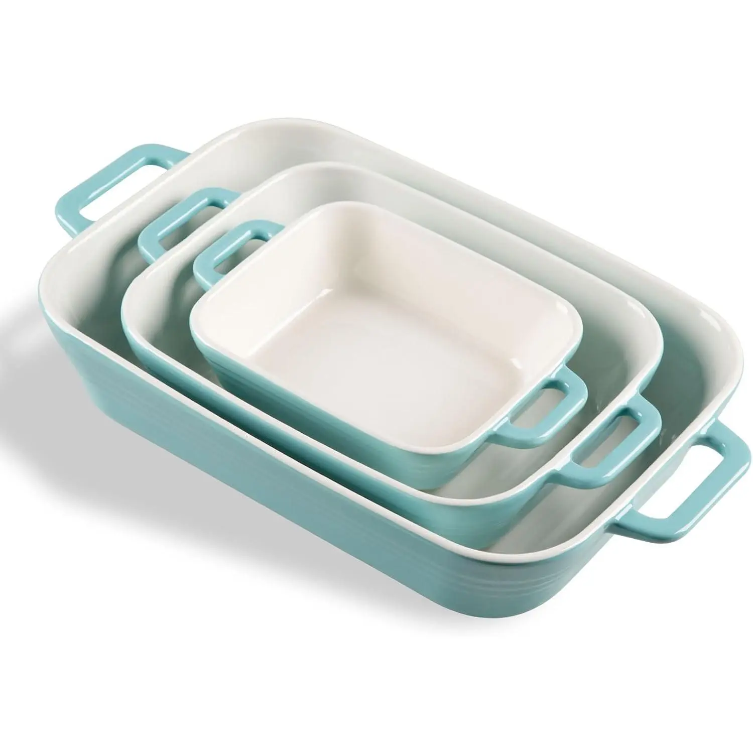 Casserole Dishes for Oven, Ceramic 9x13 Baking Pans Set for Cooking, Cake, Banquet and Daily Use, Rectangular Bakeware Set, Porcelain Baking Dish, Lasagna Pan Deep with Handles(Turquoise)