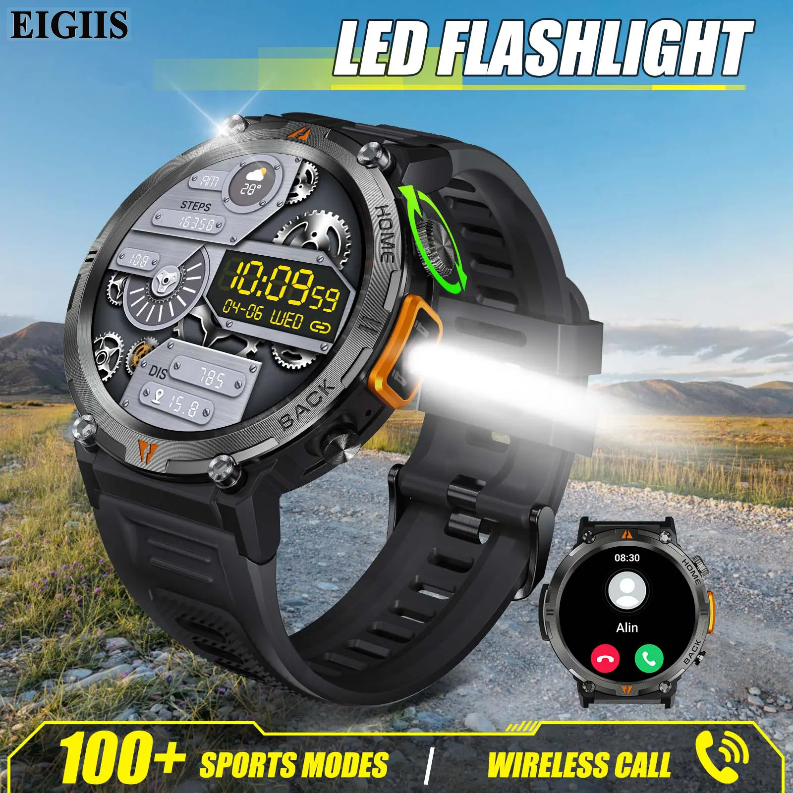 KE3 Rugged Smart Watch with Built-in LED Flashlight for Men, 3ATM Waterproof Outdoor Sport Watch (Answer/Make Calls), 1.45-Inch Smartwatch with Fitness Tracker & DIY Faces, Tactical Wearable Gift for iOS Android