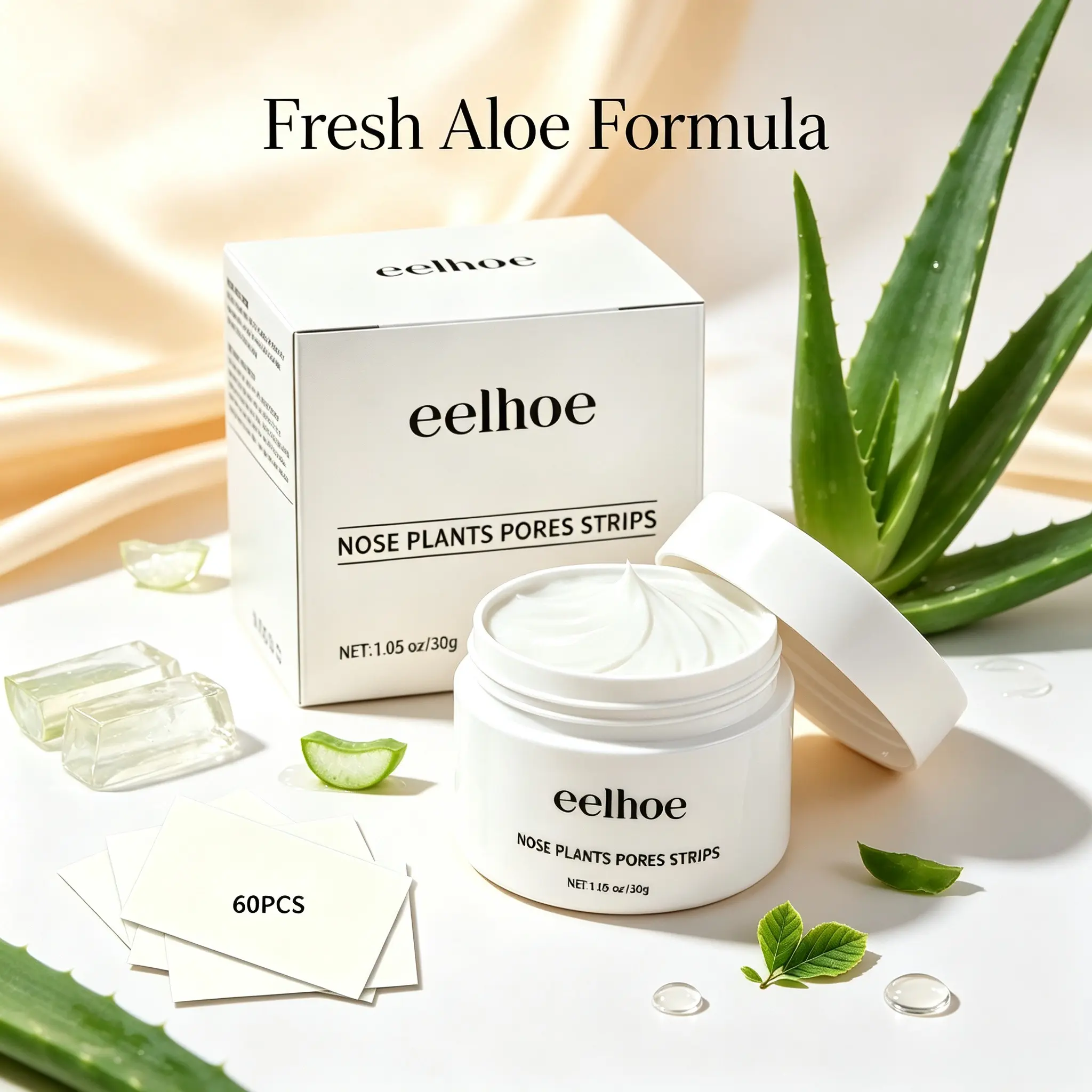 Aloe Vera Blackhead Removal Nose Strips (60 Sheets) - Deep Pore Cleansing Mask with Witch Hazel, Hyaluronic Acid, Purslane Extract, Peppermint Extract - 30g Brightening Cream for Excess Oil, Whitehead Removal, Soothing Hydration, 30 G, Acne Care, Adults,,