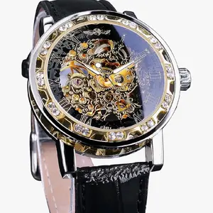 Winner Men's Manual Mechanical Skeleton Watch With Diamond and Carving Flower craft