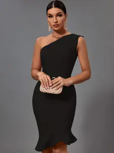 Women's Black One Shoulder Sleeveless Bodycon Dress Midi Mermaid Party Bandage Dress PK21317
