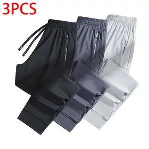 Men’s Ice Silk Casual Pants 3-Pack – Summer Cool-Touch Quick-Dry Breathable Athletic Pants with Elastic Waist, Zipper Pockets, Straight Leg, Sports