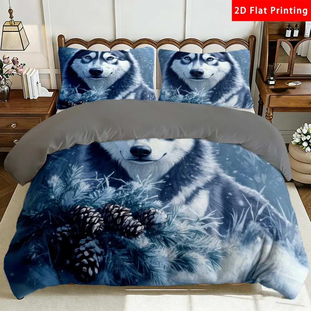 2/3 Pcs 2D Flat Winter Siberian Husky Milk Velvet Duvet Cover Set Snowy Forest Bedding Set Quilt Cover 1 Duvet Cover + 1/2 Pillowcases Pinecone Decorative Bedding Bedroom Decor The Preferred Pick for Bedding