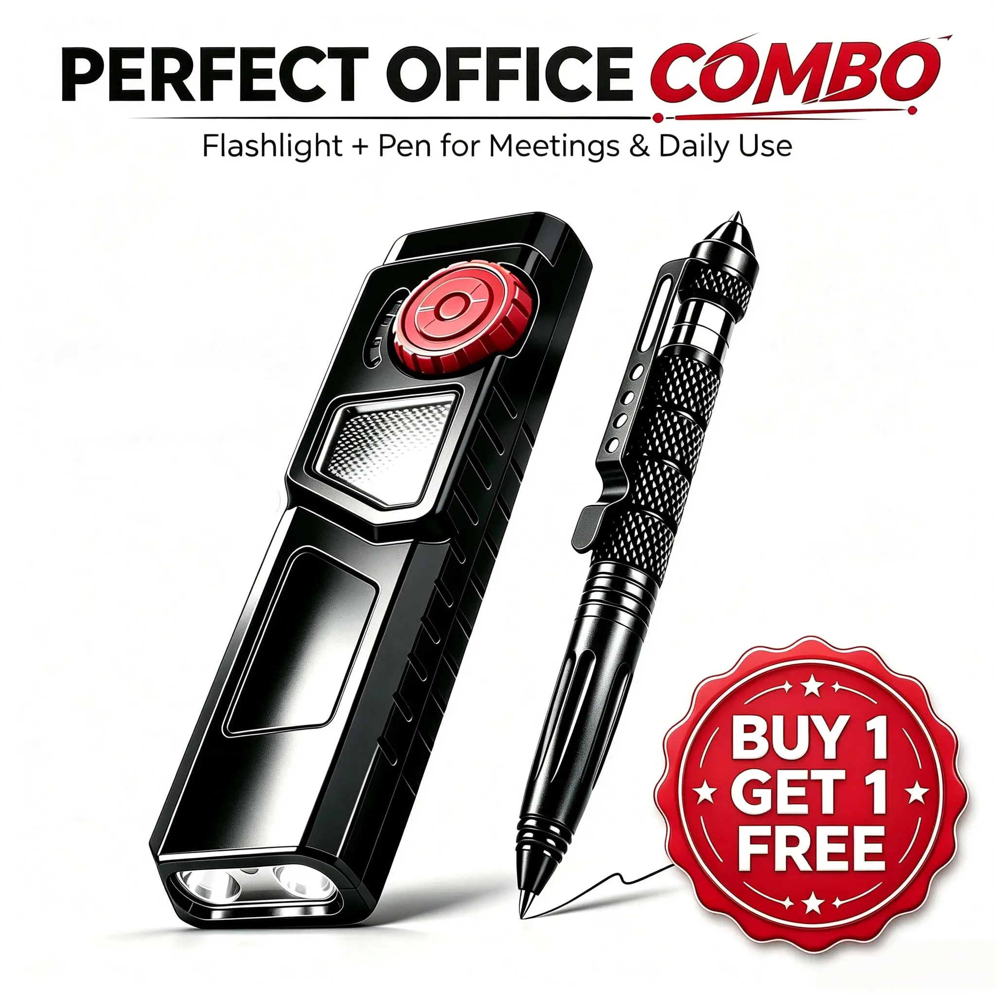 2-in-1 EDC Combo Kit, Rechargeable Flat Flashlight with 9 Modes, UV Light & Stepless Dimming, 2 Options: Flashlight + Knife / Multi Pen, Camping Hiking Gear