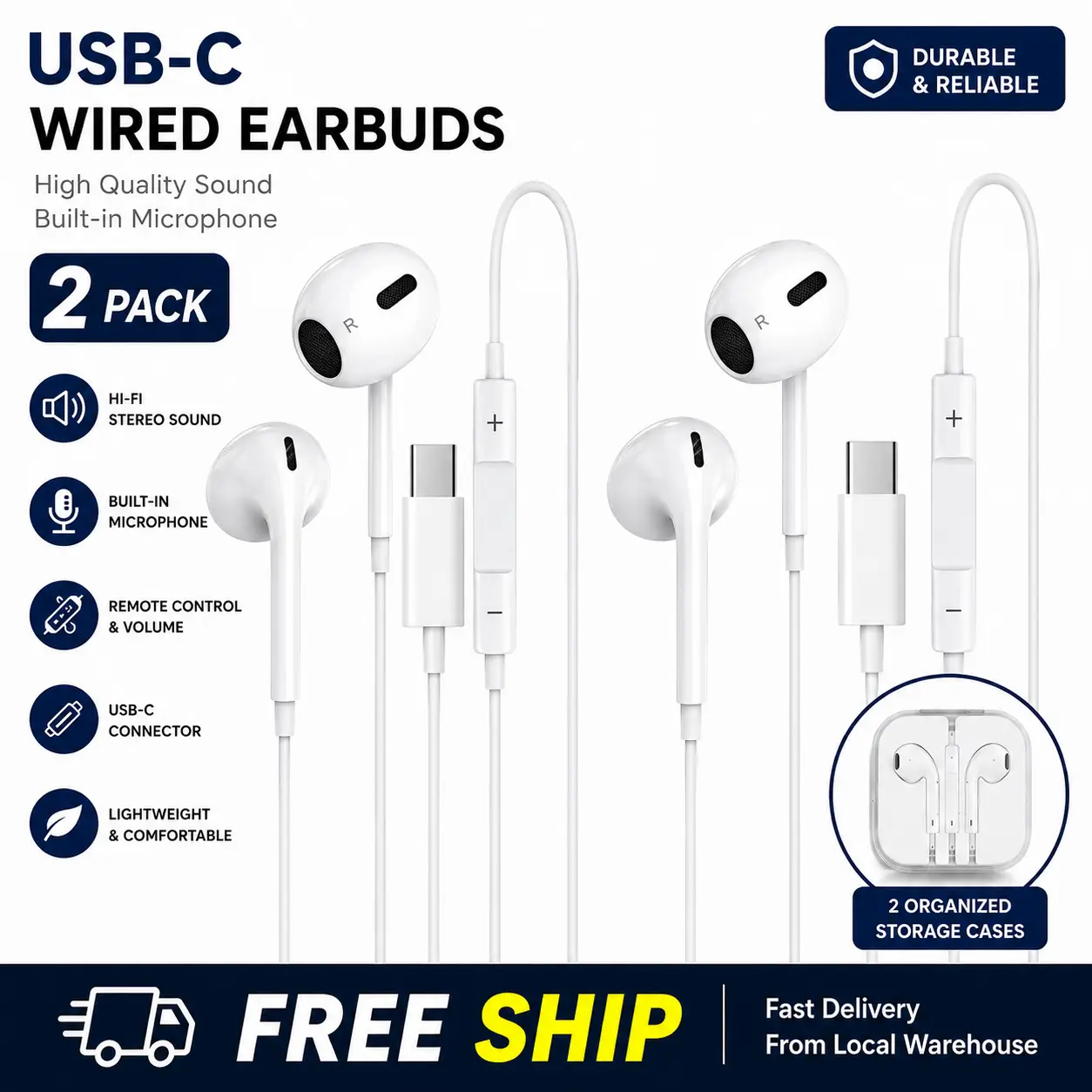 2-Pack Lightning Wired Earbuds with USB-C Connector, Built-in Microphone, Remote Control, Volume Adjustment & High-Quality Sound