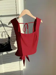 Women's Solid Color Knitted Fabric Crop Top, Casual Chic Fitted Square-Neck Sleeveless Tie-Front Summer Blouse