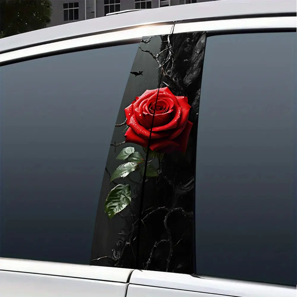 2-piece set Dark red rose car B-pillar sticker, self-adhesive vinyl material, scratch-resistant and wear-resistant, semi-matte surface, waterproof and easy to tear, car B-pillar decoration, Decal For Cars, Automotive Decals, 9.8 * 19.6 inches