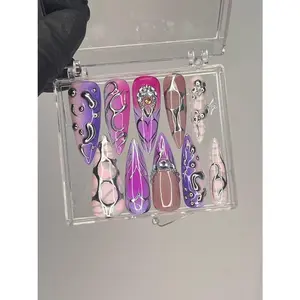 3D Metallic Silver on Purple Long Stiletto Press On Nails Goth, Chrome Aura Gothic Fake Nails, Emo Y2K Grunge Nails