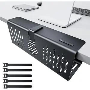 No Drill Under Desk  Management Tray, 14'' Wire Management, Punch-Free Clamp , Metal  Tray, Wire Organizer Under Desk, Under Desk Basket for Office and , Black