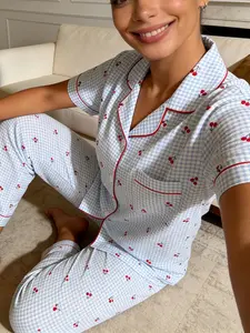 Women's Short Sleeve Long Pants Pajama Set, Blue Plaid Cherry Full Print, Casual Home Wear, All Seasons, Slim-Fitting, Two-Piece Suit