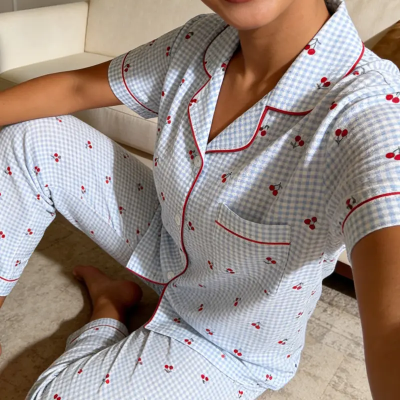 Women's Short Sleeve Long Pants Pajama Set, Blue Plaid Cherry Full Print, Casual Home Wear, Loungewear, All Seasons, Slim-Fitting, Two-Piece Suit