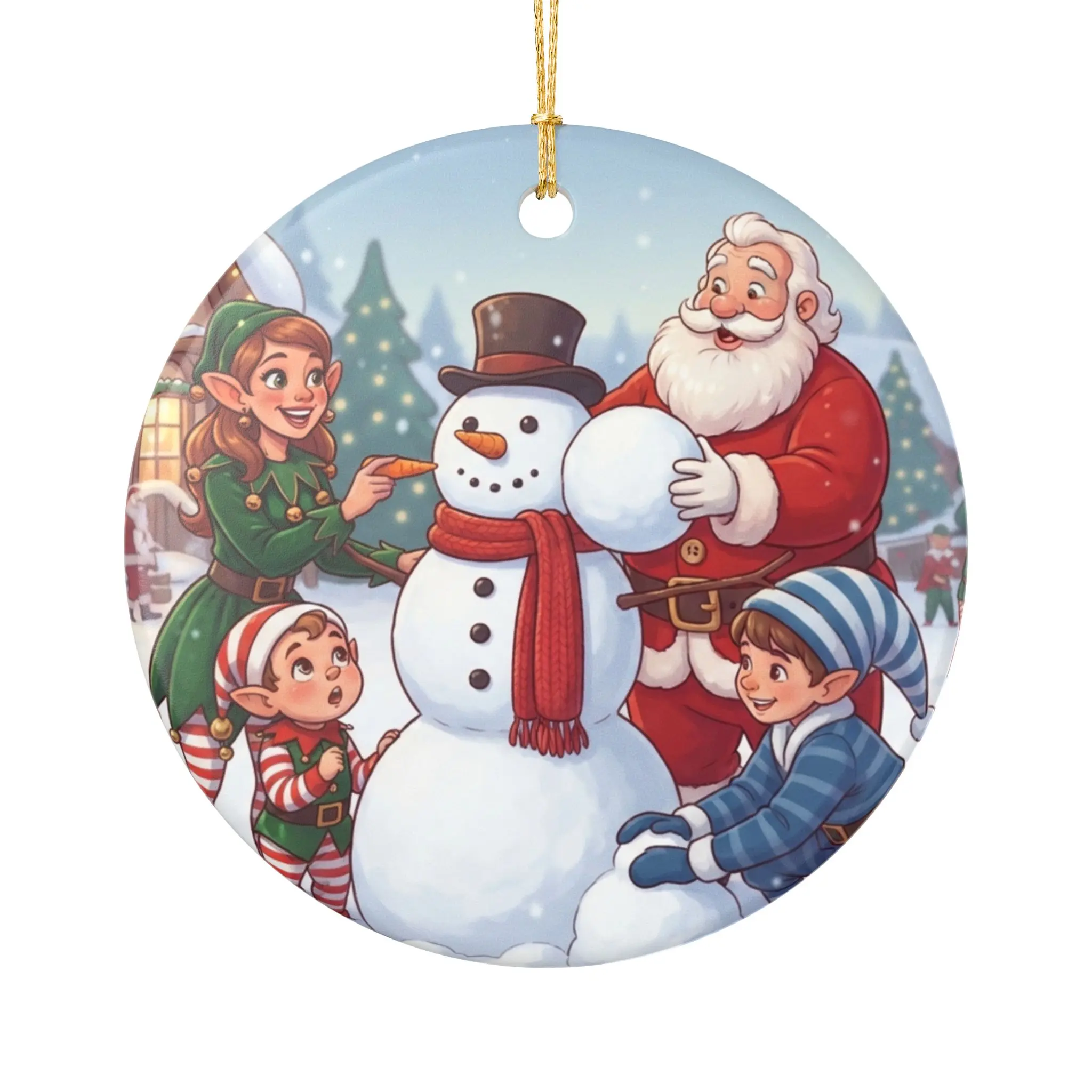 Santa and Elves Building Snowman Ornament | Ceramic Christmas Tree Decoration