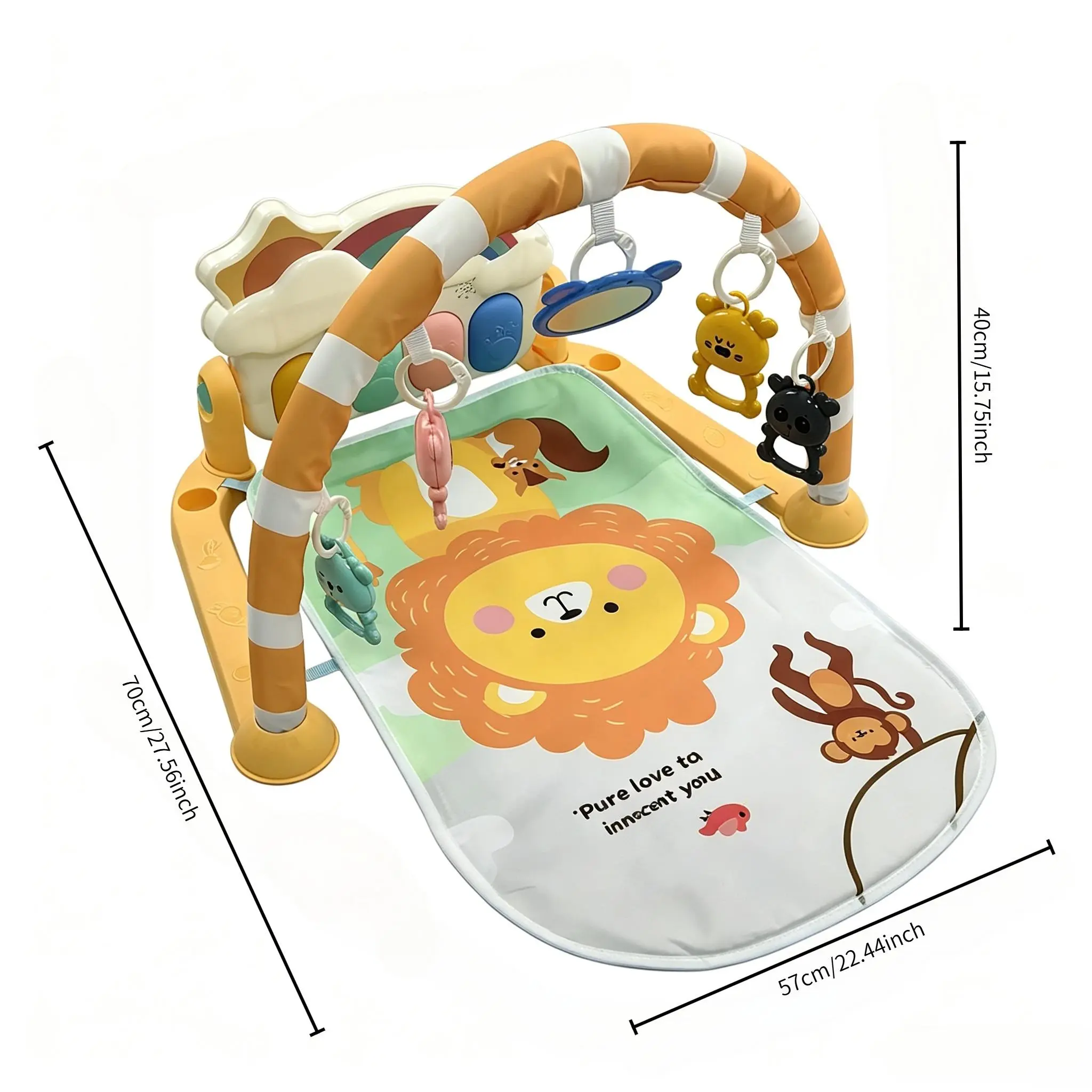 1 piece orange-and-yellow lion forest cartoon baby footrest piano fitness frame crawling play mat, warm pastel forest theme, home décor for mother-baby bonding, non-slip soft pad with lion and monkey prints, sensory toy music light